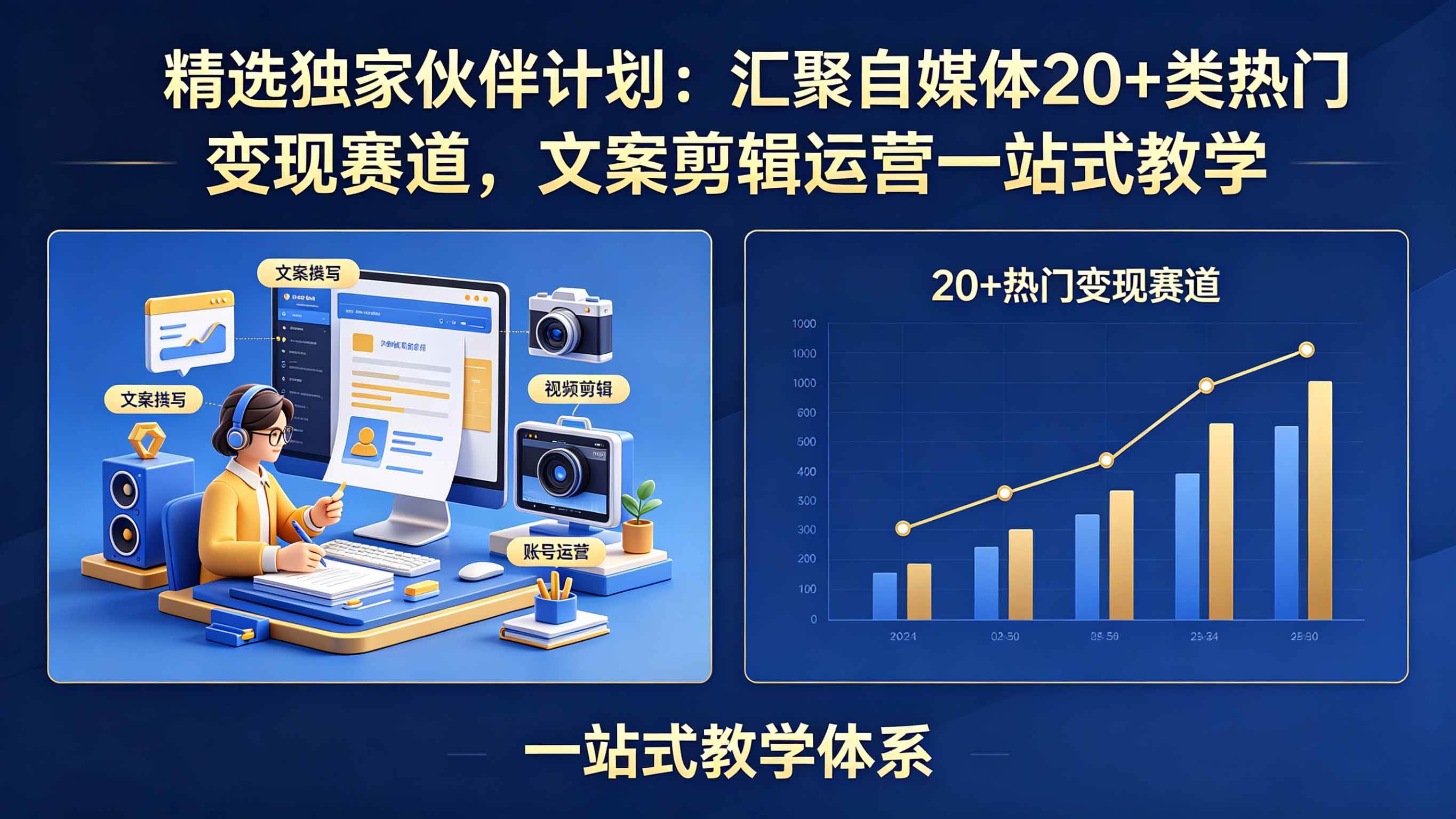 （18478期）精选独家伙伴计划：汇聚自媒体20+类热门变现赛道，文案剪辑运营一站式教学-e家网