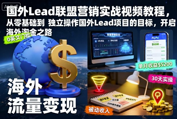国外Lead联盟营销实战视频教程，从零基础到独立操作国外Lead项目的目标，开启海外淘金之路-e家网
