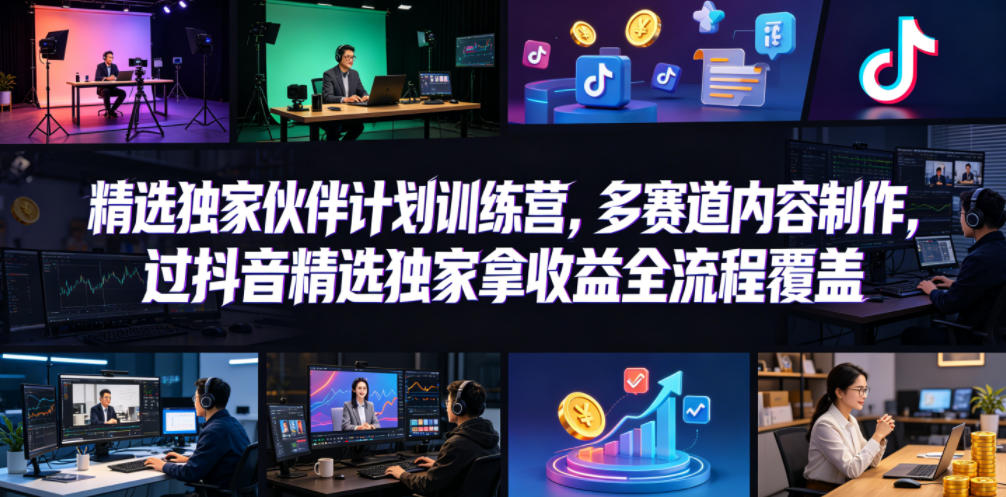 小豁食堂精选独家伙伴计划训练营，多赛道内容制作，过抖音精选独家拿收益全流程覆盖-e家网