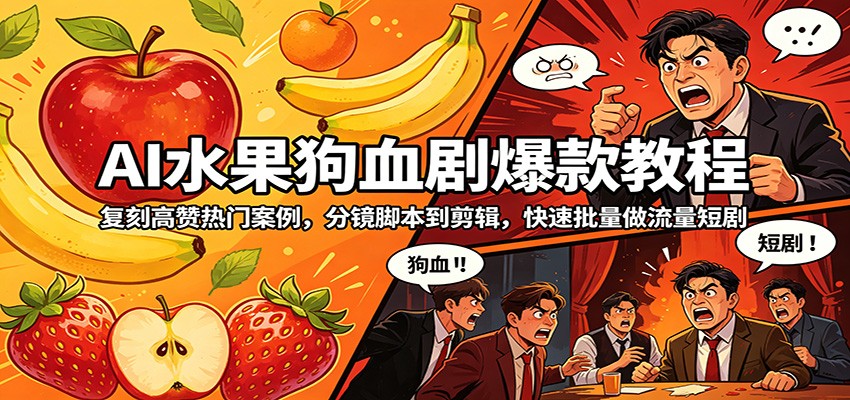 AI水果狗血剧爆款教程：复刻高赞热门案例，分镜脚本到剪辑，快速批量做流量短剧-e家网