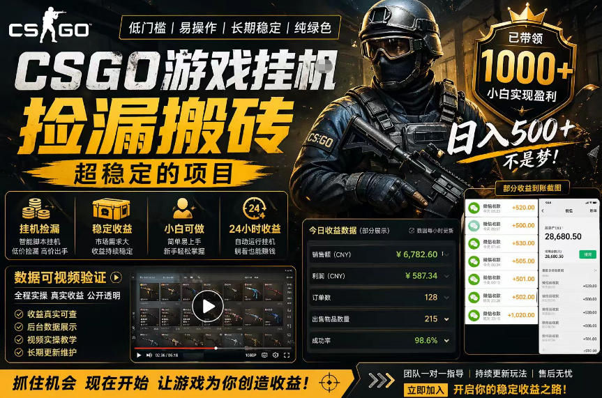 CSGO游戏搬砖，全自动挂G，不需要玩游戏，手机操作日入300+，解放双手【揭秘】-e家网