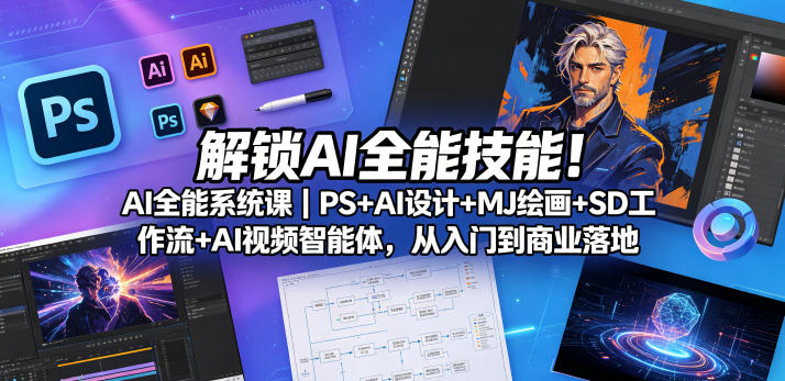 解锁AI全能技能！AI全能系统课｜PS+AI设计+MJ绘画+SD工作流+AI视频智能体，从入门到商业落地-e家网